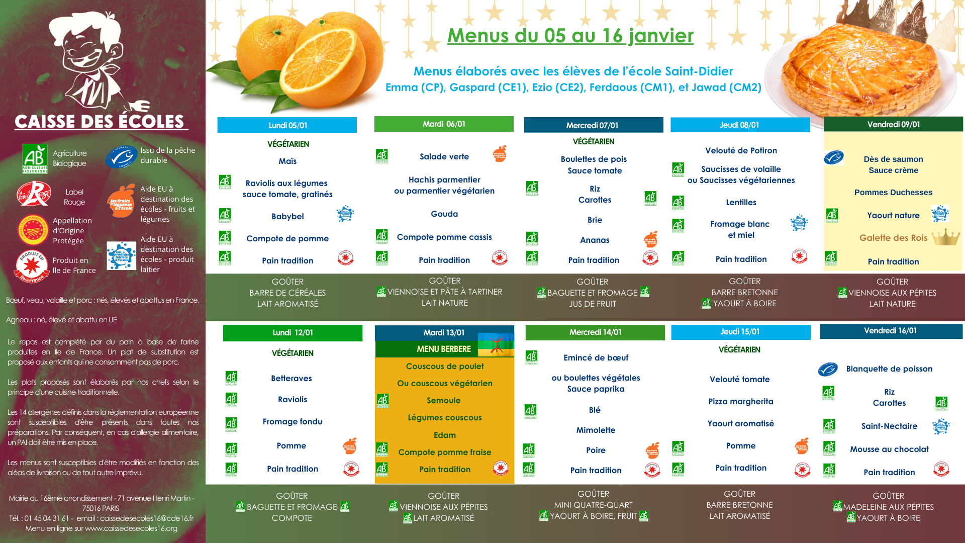 Changements de menus la semaine du 12 au 16 janvier 2026